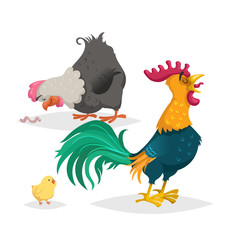 Cute cartoon chicken family. Rooster. hen and little chicken. Farm animals set. Vecttor illustration isolated on white background.