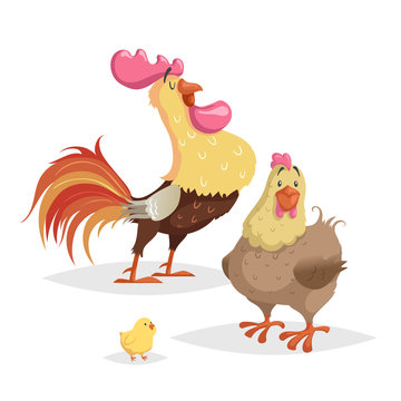 Cute cartoon chicken family. Rooster. hen and little chicken. Farm animals set. Vecttor illustration isolated on white background.