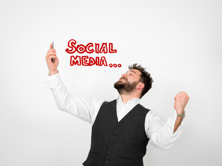 young man with black beard is posing and looking at his smartphone in front of white background with different emotions