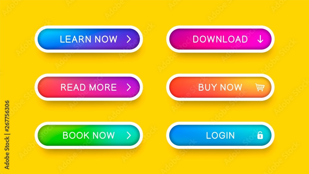 Poster Abstract web buttons with falling shadow isolated on yellow background. Vector buttons with white frame for web design, apps, banners and more.