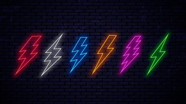 Set of multicolored bright neon lightnings isolated on wall background. Neon lightning red, white, blue, yellow, pink, green color. Vector sign of electricity, energy, thunder, power, danger, warning.