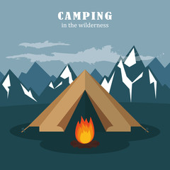 camping adventure in the wilderness tent at snowy mountain landscape vector illustration EPS10