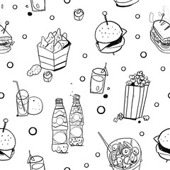 food and drink outline illustration seamless pattern isolated on white background 
