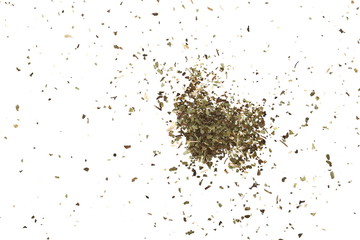 Dried oregano, spice pile isolated on white background, top view