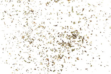 Fototapeta na wymiar Dried oregano, spice pile isolated on white background, top view
