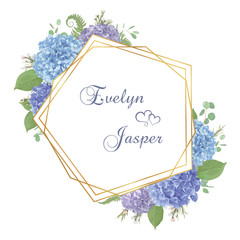 Wedding, watercolor flower card.Leaves, blooming branches eucalyptus, gaultheria, salal, chamaelaucium, seasonal fern.Blue, purple, of hydrangea.Vector design gold vertical frame.Isolated