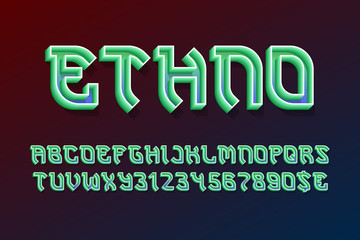 Ethno decorative letters and numbers with currency signs. 3d colored font. Isolated english alphabet.