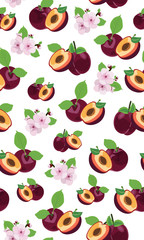 Fresh purple plum seamless pattern with pink cherry blossom on white background, Vector illustration