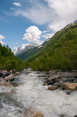 Closeup view mountains and river scenes in national park Dombai, Caucasus, Russia, Europe.