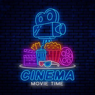 Modern bright neon sign for cinema. Badge, logo, emblem for decoration of posters, banners, billboards, signs for the cinema. Neon design for printing. Movie logo.