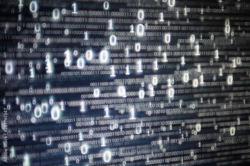 Poster floating data code. cloud server service. multiple layers of binary data photo. red blue and White number texts on dark space background. information technology transfer and transformation concept.