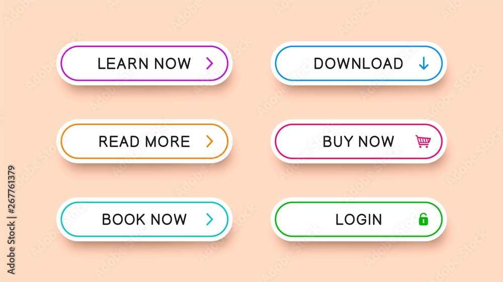 Poster Flat rectangular white buttons with rounded corners with falling shadow. Vector buttons with multicolored outlines and icons. Ready templates for web design isolated on light background.