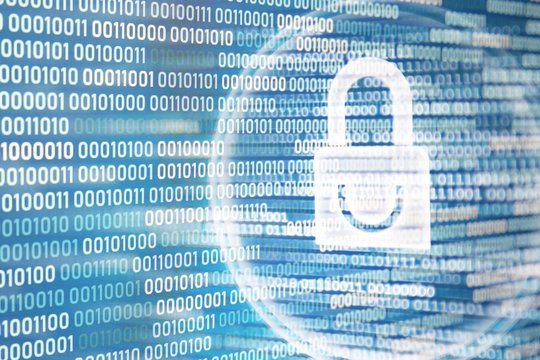 white padlock icon on blue binary code background. digital world cyber security hacker and virus protection concepts.