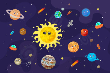 Vector illustration of space, universe. Cute cartoon planets, asteroids, comet, rockets.