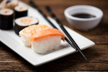 Fototapeta na wymiar Traditional Japanese sushi on a plate