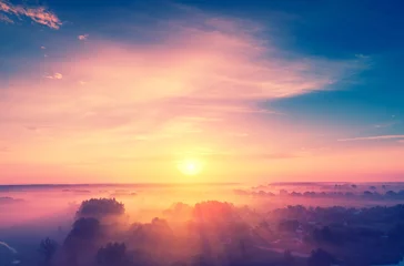 Printed roller blinds Night blue Magical sunrise over the lake. Misty morning, rural landscape