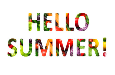 Hello summer, multi-colored text cut out of vegetables photo, the inscription on white background