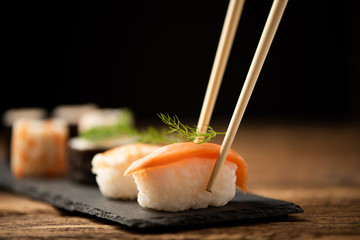 Traditional Japanese sushi on a plate