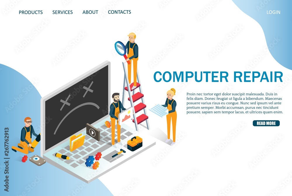 Poster computer repair vector website landing page design template