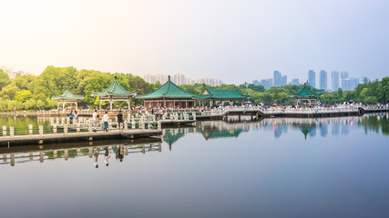 Fototapeta na wymiar Wuhan Donghu east lake view with Chinese pavilion in Wuhan Hubei China