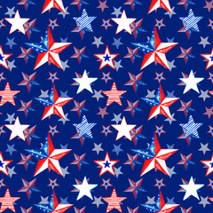 Independence day seamless pattern. Watercolor memorial day background with hand painted red, white and blue stars.