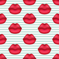 Lipstick kisses vector seamless pattern. Feminine girlish theme, makeup concept, cute flirting themes. Red tints for romantic, lovely mood. Plump mouth on light grey stripes for apparel teenage prints