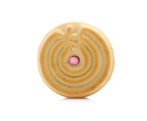 sandwich cookies with strawberry cream on white background