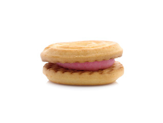 sandwich cookies with strawberry cream on white background