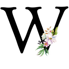 Romantic black letter A with drawn watercolor flowers. Elegant emblem for book design, brand name, wedding invitation thanks card
