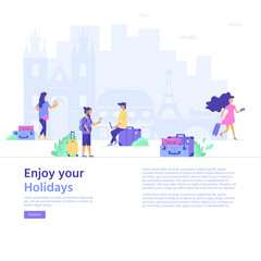 Young people with phone, bag and baggage. Travel and tourism concept for website template, online booking reservation, landing page