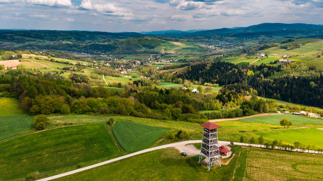 Aerial view at Brusnik tower in Poland with amazing landscape at summer