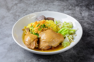 Dish with fresh homemade chicken soup, noodles and vegetables