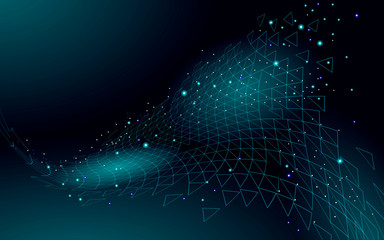 Obraz premium Low poly 3D dark space polygonal. Innovative polymer structure. Universe triangle sacred geometry. Data technology abstract science fiction. Digital landscape vector illustration