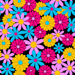 Flowers - seamless pattern. Simple multi-colored flower buds on a black background. Bright contrasting colors.