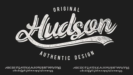 Hudsone. Hand made script typeface. Vintage brush script. Retro vector illustration. Print for clothes. - obrazy, fototapety, plakaty