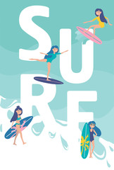 llustration with huge Surf lettering with girls surfing, swimming and spending time on the beach. Editable vector illustration