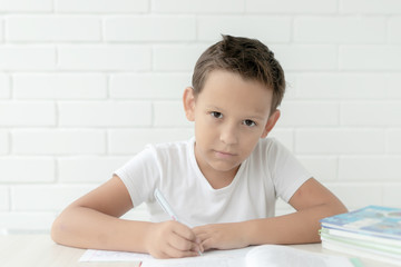 Naklejka premium The boy teaches lessons , prepares for school writes and reads textbooks on a white background