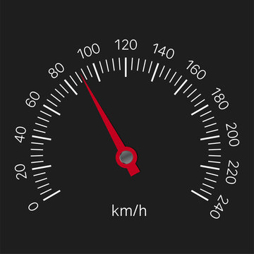 Realistic illustration of speedometer with red hand and white numbers with kilometers per hour. Isolated on black background, vector