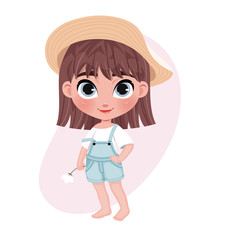Cute unshod little girl character in hat holding flower on pastel pink background. Template f or card, poster, your design.