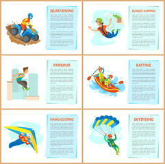 Bungee jumping woman and parkour man vector, rafting water sports performance of team in boat. Hang gliding and skydiving, active lifestyle of people