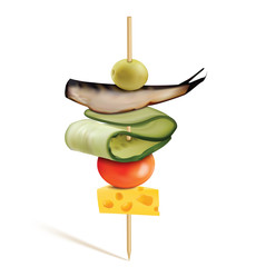 Canape with cheese, cherry tomatoes, fish and olive. Vector 3D illustration - 267766594