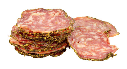 Saucisson Sec French seasoned pork salami meat slices isolated on a white background