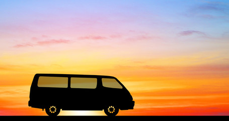 Plakat silhouette car on sunset background.