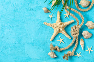 Fototapeta na wymiar Starfish, seashells, sea ​​rope and palm leaf on two tone background, space for text and top view. Summer vacation backdrop