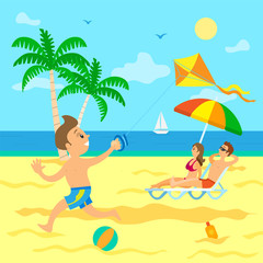 Fototapeta na wymiar Family on summer vacations vector, kid running on beach holding wind kite in hand. Couple laying in sun sunbathing, umbrella making shade for people