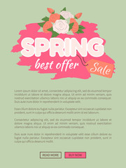 Spring sale best offer promo poster with flower bouquet and text sample. Vector abel with rose buds bouquet on brush strokes, advertisement leaflet website template