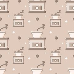 Seamless pattern with coffee grinders in flat linear style.