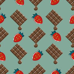 Seamless pattern with chocolate and strawberries in flat linear style.