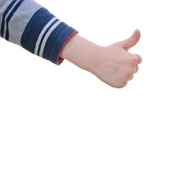 Child's hand with thumb up. Showing like, positive sign. Isolated on white background