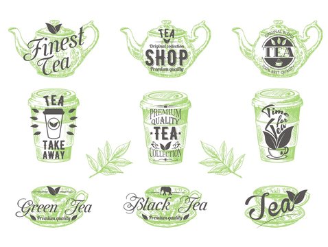 Vector set of vintage tea badges labels logos